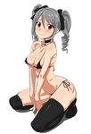  arched_back bad_id bad_pixiv_id bikini black_bikini black_legwear blush bow breasts chikuishi choker drill_hair full_body grey_hair hair_bow idolmaster idolmaster_cinderella_girls kanzaki_ranko kneeling large_breasts long_hair mary_janes micro_bikini red_eyes ribbon_choker shiny shiny_skin shoes simple_background smile solo string_bikini sweatdrop swimsuit thighhighs twin_drills v_arms white_background 