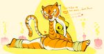  &lt;3 anthro blush breasts butt clothed clothing dialogue english_text erect_nipples feline female fur kaboozey kung_fu_panda looking_back mammal master_tigress nipples skimpy solo spread_legs spreading striped_fur stripes text tiger 