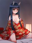 bare_shoulders black_hair blush breasts collarbone demon_girl gradient gradient_background hime_cut horns japanese_clothes kimono long_hair nipples off_shoulder on_bed oni orange_eyes sitting small_breasts solar_(solar0495) 