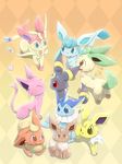  &lt;3 eevee eeveelution espeon eyes_closed feral flareon glaceon group jolteon leafeon looking_at_viewer lying nintendo on_front open_mouth pok&eacute;mon sitting sylveon umbreon vaporeon video_games しろくろいの 