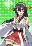  :d bare_shoulders black_hair blush boots brown_eyes detached_sleeves hair_ornament hairband hairclip haruna_(kantai_collection) headgear japanese_clothes kantai_collection kezune_(i-_-i) long_hair looking_at_viewer nontraditional_miko open_mouth remodel_(kantai_collection) skirt smile solo thigh_boots thighhighs zettai_ryouiki 