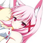  :3 animal_ears blush fox_ears hair_ornament japanese_clothes kazamatsuri_kazari long_hair looking_at_viewer lying miko mizuki_(kogetsu-tei) on_stomach original pink_hair red_eyes smile solo 