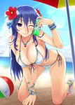  armlet ball beach beach_umbrella beachball bikini blue_eyes blue_hair blush bottle bracelet breasts cleavage day flower front-tie_top hair_flower hair_ornament highres jewelry large_breasts looking_at_viewer mari-itachidosi necklace one_eye_closed original side-tie_bikini smile solo swimsuit umbrella white_bikini 