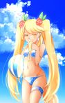  bangs bikini blonde_hair blue_swimsuit cloud cloudy_sky comah day dog_tail flower glasses hair_ornament long_hair orange_eyes outdoors polka_dot polka_dot_swimsuit retoree show_by_rock!! sky solo swimsuit tail thigh_strap twintails very_long_hair 