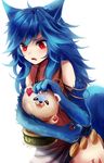  animal_ears blue_hair fenrir_(shingeki_no_bahamut) granblue_fantasy long_hair maho_moco open_mouth red_eyes shingeki_no_bahamut solo tail wolf_ears wolf_girl wolf_tail 