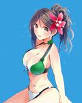  adapted_costume amagi_(kantai_collection) bikini breasts brown_eyes brown_hair flower hair_flower hair_ornament highres kantai_collection large_breasts long_hair looking_at_viewer mole mole_under_eye navel open_mouth ponytail smile solo strap_gap swimsuit tebi_(tbd11) 