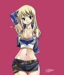  blonde_hair breasts brown_eyes cleavage fairy_tail hand_in_hair large_breasts long_hair lucy_heartfilia mashima_hiro miniskirt navel purple_background signature simple_background skirt smile solo 