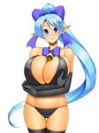  areola_slip areolae bare_shoulders bell black_gloves blue_eyes blue_hair bow bowtie breasts cameltoe cleavage covered_navel elbow_gloves elf gloves hair_bow high_ponytail huge_breasts kawanuma_uotsuri long_hair looking_at_viewer pointy_ears ponytail simple_background smile solo thigh_gap thighs very_long_hair white_background 