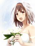  bare_shoulders blush bouquet bridal_veil brown_hair check_commentary collarbone commentary commentary_request diffraction_spikes dress earrings eyebrows_visible_through_hair flower hairband highres jewelry kantai_collection kuzu_(miduhana) looking_at_viewer open_mouth orange_eyes petals red_hairband ring rose shiratsuyu_(kantai_collection) short_hair solo strapless strapless_dress tears upper_body veil wedding_band wedding_dress white_dress white_flower white_rose 