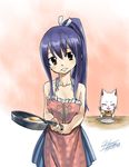  apron blue_hair cat charle_(fairy_tail) fairy_tail fork fried_egg frying_pan gradient gradient_background mashima_hiro official_art plate ponytail spoon wendy_marvell 