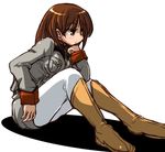  1girl boots brown_eyes brown_hair female gundam gundam_lost_war_chronicles hirowa_nagi military_uniform noel_anderson simple_background sitting solo uniform 