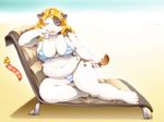  2013 belly bikini blonde_hair blue_eyes bovine bra breasts cattle chair chubby clothing female hair horn japanese_text kemono mammal navel one_eye_closed panties sitting solo swimsuit tail_grab text underwear wink 御多＝席 