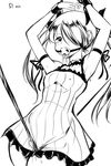  arms_up ball_gag bdsm bondage bound commentary completion_time crotch_rope cuffs flat_chest gag gagged greyscale hair_over_one_eye long_hair maullarmaullar monochrome original shackles solo twintails 