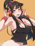  :d armpits bad_id bad_pixiv_id black_hair blush breasts cleavage covered_nipples headphones kurowa looking_at_viewer medium_breasts nephthys_(p&amp;d) open_mouth orange_background ponytail puzzle_&amp;_dragons sideboob sidelocks simple_background smile solo teeth wristband 