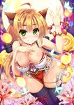  animal_ears blonde_hair blush bracelet breasts bug butterfly flower fox_ears full_moon green_eyes hand_on_own_chest hitodama insect japanese_clothes jewelry large_breasts long_hair looking_at_viewer magatama moon original purple_legwear sasaki_yukimasa short_eyebrows smile solo thighhighs 
