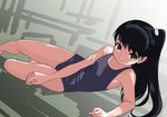  bad_id bad_pixiv_id black_hair brown_eyes lying on_side one-piece_swimsuit original ponytail rohitsuka school_swimsuit smile solo swimsuit 