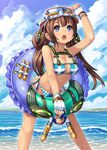  arm_up beach bikini blue_eyes blush breasts brown_eyes character_doll cloud day diving_mask diving_mask_on_head fingerless_gloves gloves hair_rings highres innertube large_breasts long_hair open_mouth original outdoors side-tie_bikini sky solo swimsuit twintails water wet yato 
