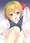  :d blonde_hair bottomless fang hair_ribbon legs looking_at_viewer niiya open_mouth red_eyes ribbon rumia short_hair smile solo teeth touhou translated 