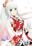  breasts card dress gradient gradient_background green_eyes hair_ornament jewelry lailah_(tales) long_hair multicolored_hair ponytail smile tales_of_(series) tales_of_zestiria white_hair 