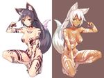  animal_ears barefoot black_hair breasts claws dark_skin fox_ears fox_tail grin legs_folded long_hair looking_at_viewer medium_breasts mirror_twins multiple_girls no_nipples nude one_knee original red_eyes shirousagi_uyu smile tail tattoo white_hair yellow_eyes 