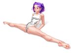  1girl barefoot brown_eyes bulge feet full_body futanari kyle_(kairunoburogu) legs lips looking_at_viewer nose one-piece_swimsuit original penis purple_hair short_twintails small_breasts soles solo split spread_legs swimsuit toe_scrunch toes twintails white_background 