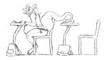  2014 anthro backpack barefoot belly belt big_belly chair claws clothed clothing desk dragon hair hand_on_belly horn kalnareff kalnareff_(character) long_hair male monochrome open_mouth pants post_vore satchel scalie school shirt side_view sitting solo tail_vore teeth toe_claws tongue tongue_out vore watch young 