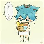  ayu_(mog) bad_id bad_pixiv_id barefoot blue_hair chibi dated fish full_body green_eyes lowres male_focus naked_towel rubber_duck saniwa_(touken_ranbu) sayo_samonji simple_background solo speech_bubble standing touken_ranbu towel translated 