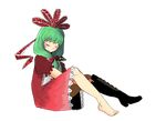  1girl barefoot blush boots bow cross-laced_footwear dressing eyes_closed front_ponytail green_hair hair_bow kagiyama_hina kia_(tumblr) knee_boots lace-up_boots no_mouth putting_on_shoes simple_background single_shoe sitting solo touhou transparent_background 