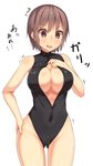  blush breasts brown_eyes brown_hair cleavage_cutout competition_swimsuit covered_navel cowboy_shot front_zipper_swimsuit hand_on_hip hand_on_own_chest large_breasts meme_attire one-piece_swimsuit original samegami short_hair simple_background solo swimsuit toromi_(samegami) unzipped white_background 