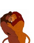  2015 anthro anthrofied biceps bipedal brown_fur character_from_animated_feature_film disney duo eyes_closed feline fur hand_on_chest kissing koutou kovu lion male male/male mammal mane multicolored_fur muscles nipples nude orange_fur pink_nose plain_background red_fur side_view simba standing teeth the_lion_king tongue two_tone_fur 