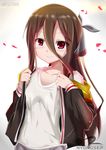  absurdres ade-nyungsep artist_name breasts brown_hair dated hair_ornament hair_ribbon highres jacket long_hair looking_at_viewer open_clothes open_jacket original red_eyes ribbon shirt simple_background small_breasts smile solo 