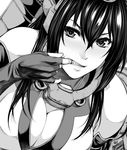  breasts cleavage commentary_request finger_in_mouth fingerless_gloves gloves greyscale hair_between_eyes kantai_collection large_breasts long_hair looking_at_viewer monochrome mouth_pull nagato_(kantai_collection) solo zucchini 