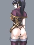  ass black_hair blush boots breasts brown_eyes capelet circlet dragon's_dogma elbow_gloves g-string gloves hirayama_tooya large_breasts long_hair looking_back panties pawn_(dragon's_dogma) ponytail single_elbow_glove solo thigh_boots thighhighs thong underwear 