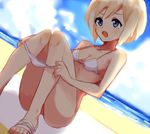  :o beach bikini blonde_hair blue_eyes blue_sky bob_cut breasts cleavage cloud day dressing dutch_angle erica_hartmann knees_together_feet_apart kodamari ocean open_mouth outdoors sandals short_hair sitting sky small_breasts solo strike_witches swimsuit v-shaped_eyebrows water white_bikini world_witches_series 