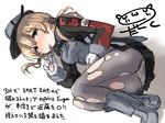  ass blonde_hair blue_eyes blush condom condom_in_mouth darkside hat kantai_collection long_hair looking_at_viewer low_twintails mouth_hold panties panties_under_pantyhose pantyhose pleated_skirt prinz_eugen_(kantai_collection) sketch skirt solo torn_clothes torn_legwear translation_request twintails underwear used_condom white_panties 