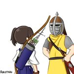  1girl bow_(weapon) brown_hair commentary crossover guard guard_(skyrim) helmet kaga_(kantai_collection) kantai_collection quiver rukotaro sheath sheathed side_ponytail sword the_elder_scrolls the_elder_scrolls_v:_skyrim weapon 