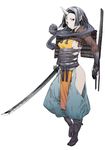  black_hair full_body highres japanese_clothes katana looking_at_viewer oni oni_horns original pointy_ears sheath shiro_shougun simple_background solo sword tabi weapon white_background 