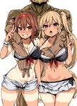  2girls :d american_flag asanagi beard bikini_tan bikini_top blonde_hair blush bracelet breast_grab breasts brown_hair cleavage dark_skin earrings facial_hair full_body_tattoo grabbing grin groin hairband heart heart-shaped_pupils hetero jewelry kantai_collection large_breasts long_hair looking_at_viewer midriff multiple_girls murasame_(kantai_collection) navel necklace open_mouth pink_eyes red_hairband ring shiratsuyu_(kantai_collection) shorts simple_background smile symbol-shaped_pupils tan tanline tattoo teeth tongue twintails unbuttoned unzipped v white_background 