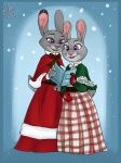  blue_background bonnie_hopps book bow_tie cape caroling christmas clothing disney dress duo holidays judy_hopps lagomorph mammal purple_eyes rabbit simple_background snow yelnatsdraws zootopia 