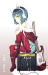  absurdres blue_hair boots cat_ear_headphones electric_guitar green_eyes guitar headphones highres instrument kiki_(tsunya) male_focus marshall original otoko_no_ko red_footwear ryoune_yami short_hair skirt solo utau 