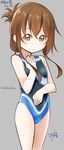  brown_eyes brown_hair competition_swimsuit dated folded_ponytail gurande_(g-size) highres inazuma_(kantai_collection) kantai_collection long_hair one-piece_swimsuit solo standing swimsuit 