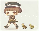  armor ayu_(mog) bad_id bad_pixiv_id bird black_border black_neckwear blush bob_cut border brown_hair duck duckling hat hirano_toushirou japanese_armor looking_back lowres male_focus military military_uniform necktie sheath sheathed shoulder_armor sode solo tantou touken_ranbu uniform walking 