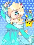  amiibo aqua_eyes arm_up artist_request bare_shoulders blonde_hair blue_background blush blush_stickers breasts carrying chiko_(mario) crown dress earrings hair_over_one_eye jewelry long_dress long_hair looking_at_viewer mario_(series) medium_breasts rosetta_(mario) shiny shiny_skin signature smile star star-shaped_pupils star_print super_mario_bros. super_mario_galaxy super_smash_bros. symbol-shaped_pupils 