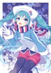  :d argyle blue_eyes blush borrowed_design buttons gloves hair_through_headwear hat hatsune_miku highres legwear_under_shorts long_hair looking_at_viewer open_mouth pantyhose pom_pom_(clothes) red_shorts scarf shorts smile snowflakes solo striped striped_legwear striped_scarf twintails vertical-striped_legwear vertical_stripes vocaloid waving white_gloves winter_clothes yuki_miku zenyu 