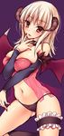  babydoll bare_shoulders bat_wings black_panties blonde_hair breasts cowboy_shot detached_sleeves hand_to_own_mouth highres horns large_breasts leg_garter long_hair looking_at_viewer navel necktie panties purple_background ragnarok_online red_eyes red_neckwear skindentation solo sorai_shin'ya succubus_(ragnarok_online) underwear wings 