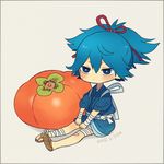  ayu_(mog) bad_id bad_pixiv_id bandages blue_eyes blue_hair blush dated fish food fruit hands_on_own_knees japanese_clothes lowres male_focus oversized_object persimmon sandals sayo_samonji sitting solo tasuki touken_ranbu 