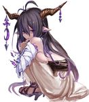  antenna_hair bandages black_hair breasts danua draph dress finger_to_mouth granblue_fantasy horns jewelry large_breasts long_hair looking_at_viewer mizutsu pointy_ears red_eyes sideboob simple_background solo squatting topless white_background 