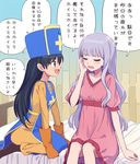  blue_eyes bodysuit dragon_quest dragon_quest_iii ganaha_hibiki gloves hiboshi_daizu highres idolmaster idolmaster_(classic) lingerie long_hair mitre multiple_girls negligee open_mouth orange_bodysuit priest_(dq3) shijou_takane skin_tight tabard translation_request underwear 