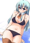  aqua_eyes aqua_hair ascot bikini black_bikini breasts brown_legwear hair_ornament hairclip kantai_collection large_breasts long_hair open_mouth shadow shinshin sitting solo suzuya_(kantai_collection) swimsuit thighhighs 