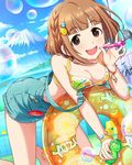  :d artist_request bikini bikini_top breast_press breasts brown_eyes brown_hair bubble_blowing cleavage hair_ornament hairclip idolmaster idolmaster_cinderella_girls innertube jpeg_artifacts kitami_yuzu large_breasts official_art open_mouth overalls short_hair smile solo strap_slip swimsuit 